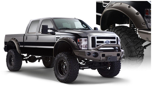 BUSHWACKER 20047-02 BLACK CUTOUT STYLE SMOOTH FINISH FRONT FENDER FLARES FOR 1999-2010 FORD F250 STYLESIDE SUPER DUTY 2008-2010 F350 TO F-550 SUPER DUTY
