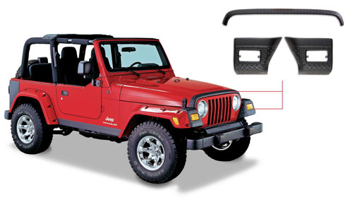 BUSHWACKER 14005 BLACK TRAIL ARMOR HOOD STONE GUARD AND FRONT CORNERS FOR 1997-2006 JEEP WRANGLER, 4PC SET
