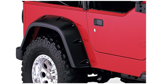 BUSHWACKER 10030-07 BLACK MAX COVERAGE POCKET/RIVET STYLE TEXTURED FINISH REAR FENDER FLARES FOR 1997-2006 JEEP WRANGLER TJ