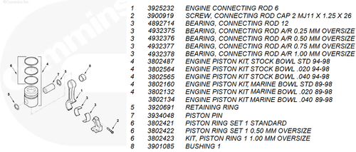 CUMMINS 3802160 OEM ENGINE PISTON KIT (MARINE STYLE BOWL, STANDARD BORE) – 5.9L 12-VALVE 6BT (1989–1998)