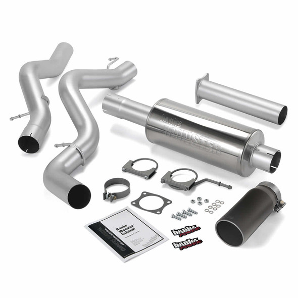 BANKS 48634-B MONSTER EXHAUST SYSTEM 4IN SINGLE EXIT-BLACK ROUND TIP (EXTENDED CAB/CREW CAB LONG BED) 2002-2005 GM DURAMAX 6.6L LB7/LLY