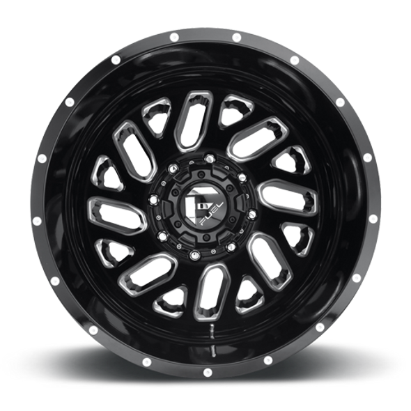 FUEL D58122829235 DUALLY WHEELS 22X8.25 TRITON DUALLY D581 8 ON 200 GLOSS BLACK MILLED 142 BORE -201 OFFSET MESH SPOKE OUTER DUALLY