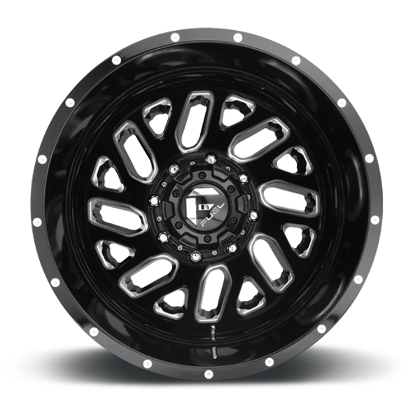 FUEL D58120829235 DUALLY WHEELS 20X8.25 TRITON DUALLY D581 8 ON 200 GLOSS BLACK MILLED 142 BORE -201 OFFSET MESH SPOKE OUTER DUALLY