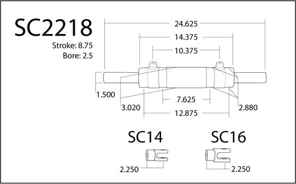 PSC SC2218K DOUBLE ENDED XD STEERING CYLINDER KIT FOR FULL HYDRAULIC STEERING SYSTEMS, 2.5 INCH X 8.75 INCH X 1.50 INCH ROD