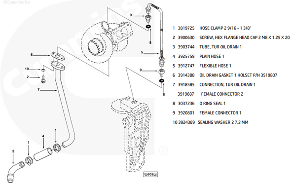 CUMMINS 3903744 OIL DRAIN TUBE-TURBOCHARGER 1994-2002 CUMMINS 5.9L 12V/24V