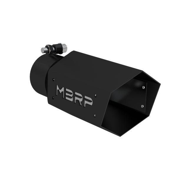 MBRP T5169BLK  UNIVERSAL BLACK COATED HEX TIP 3IN ID 4IN OD 10 IN LENGTH  WITH STAINLESS STEEL LOGO PLATE