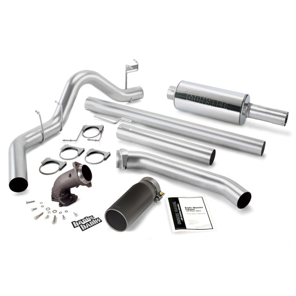BANKS 48638-B MONSTER EXHAUST SYSTEM 4IN W/POWER ELBOW SINGLE EXIT-BLACK ROUND TIP (EXTENDED CAB) 1998.5-2002 CUMMINS 5.9L 24V