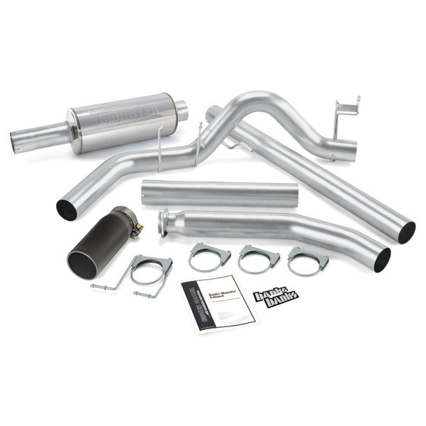 BANKS 48636-B MONSTER EXHAUST SYSTEM 4IN SINGLE EXIT-BLACK ROUND TIP (EXTENDED CAB) 1998.5-2002 CUMMINS 5.9L 24V