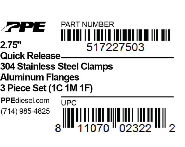 PPE 517227503 2.75 INCH QR ALUMINUM V-BAND 3 PC SET 1C 1M 1F