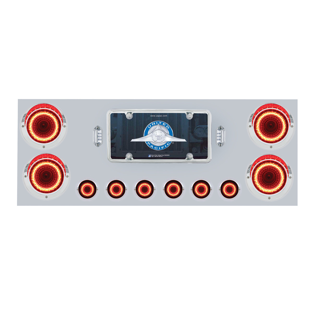 SS Rear Center Panel w/ Four 23 LED 4" Lights & Six 9 LED 2" Mirage Lights & Visors - Red LED/Clear Lens-United Pacific-34499
