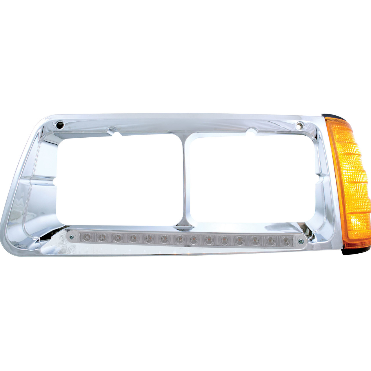 14 LED Headlight Bezel With Turn Signal For 1989-2009 Freightliner FLD -Driver - Amber LED/Clear Lens