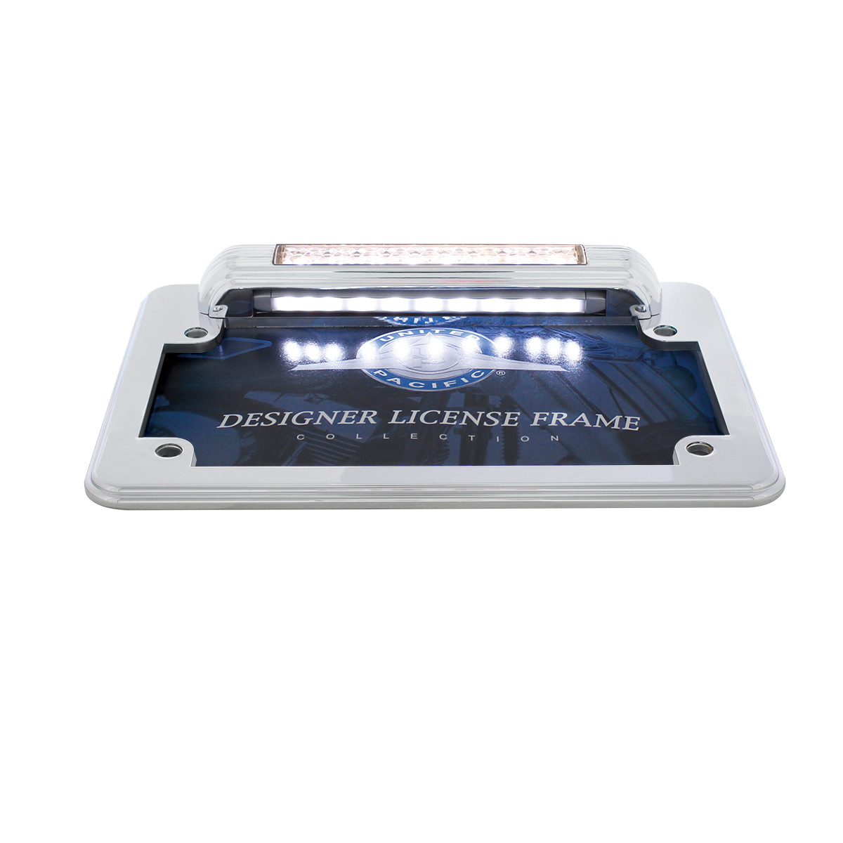 Chrome Motorcycle License Plate Frame With Back-Up Light - White LED/Clears Lens