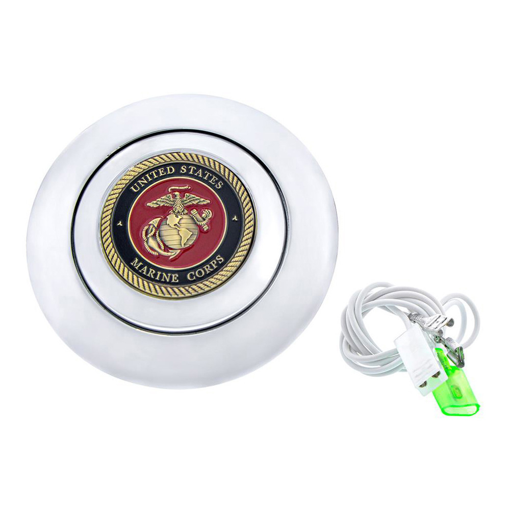 CHROME ALUMINUM STEERING WHEEL HORN BUTTON WITH METAL MEDALLION, US MARINE CORPS