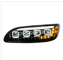 Black Quad-LED Headlight With LED DRL &amp; Seq. Signal For 2005-2015 Peterbilt 386