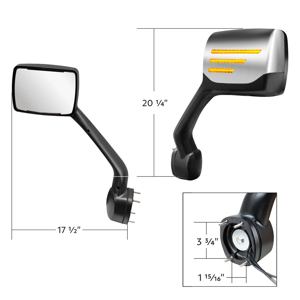 CHROME HOOD MIRROR ASSEMBLY W/ SEQUENTIAL LED TURN SIGNAL FOR 2013-2021 KENWORTH T680 & PETERBILT 579