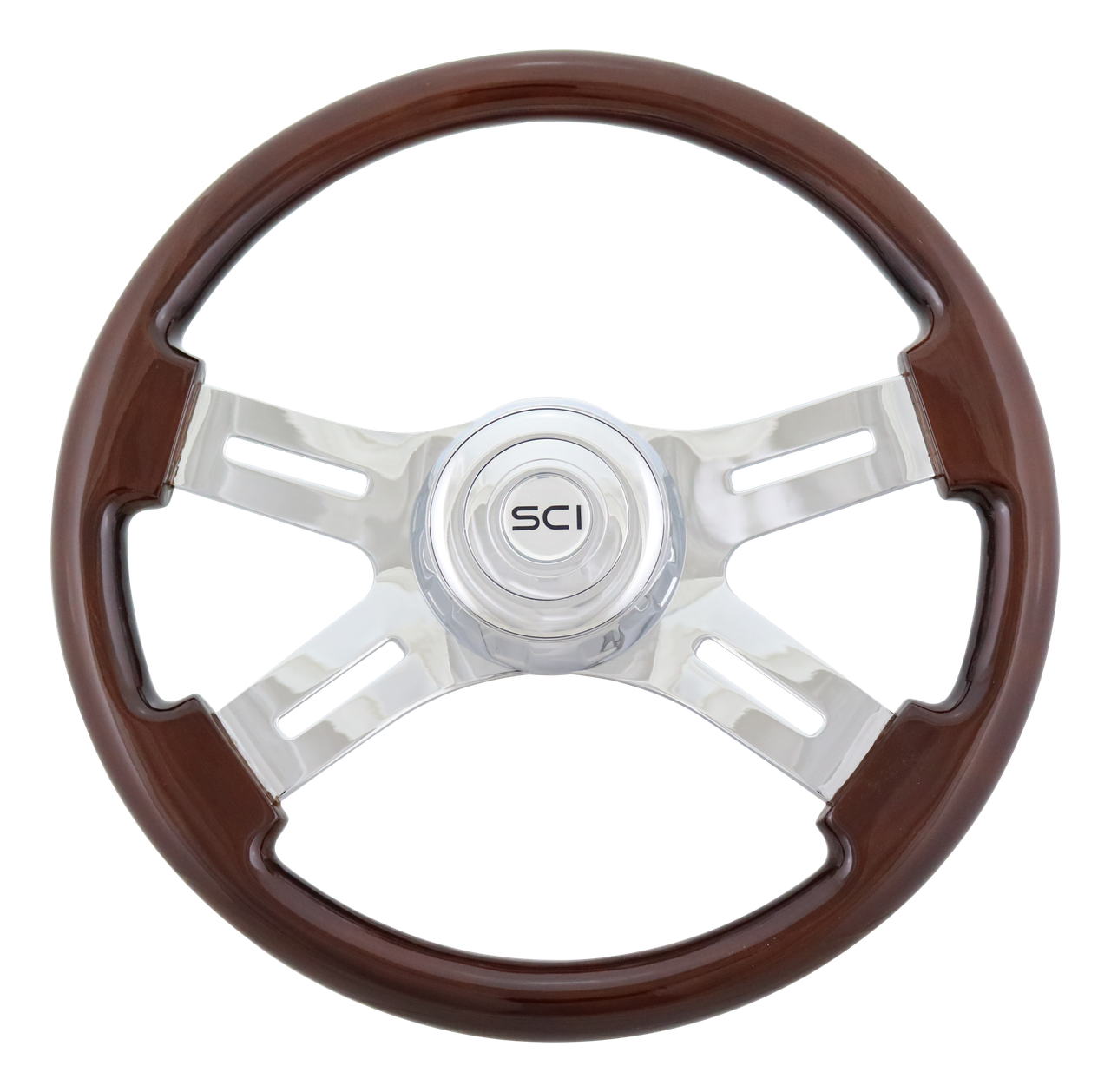 16" Classic Mahogany - 16" Wood Rim, Chrome 4-Spoke W/Slot Cut Outs, Chrome Bezel-Steering Creations-261-3003-77502