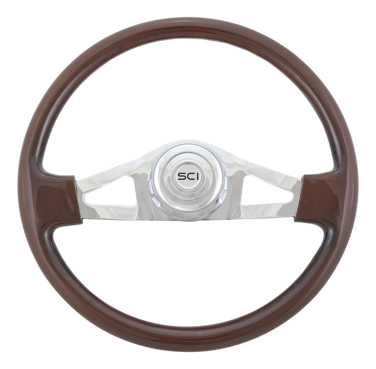 Pinion Mahogany - 18" Wood Rim, Chrome 2-Spoke W/Triangle Cut Outs, Chrome Bezel-Steering Creations-275-3003-77502