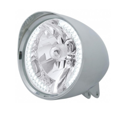 Motorcycle Chrome "Chopper" Headlight With Smooth Visor H4 Bulb With 34 White LED