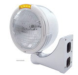Stainless Steel Classic Half Moon Headlight 6014 Bulb & LED Turn Signal - Amber Lens
