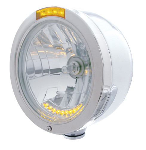 Stainless Steel Bullet Half Moon Headlight H4 w/ 10 Amber LED & Dual Mode LED Signal-Amber Lens