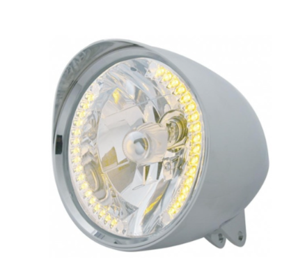 Motorcycle Chrome "Chopper" Headlight With Smooth Visor H4 Bulb With 34 Amber LED