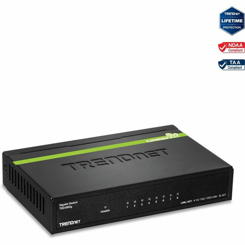 TRENDnet TEG-S80G 8-Port Unmanaged Gigabit GREENnet Desktop Metal Switch, Fanless, 16Gbps Switching Capacity, Plug & Play, Network Ethernet Switch, Lifetime Protection, Black, TEG-S80G