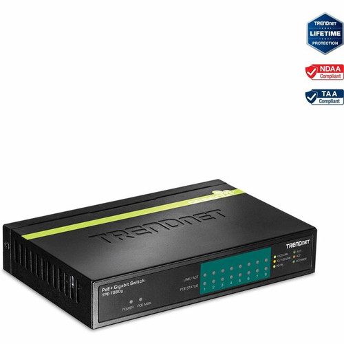 TRENDnet TPE-TG80G 8-Port Gigabit PoE+ Switch, 8 x Gigabit PoE+ Ports, 123W PoE Power Budget, 16 Gbps Switching Capacity, Desktop Switch, Ethernet Network Switch, Metal, Lifetime Protection, Black, TPE-TG80G