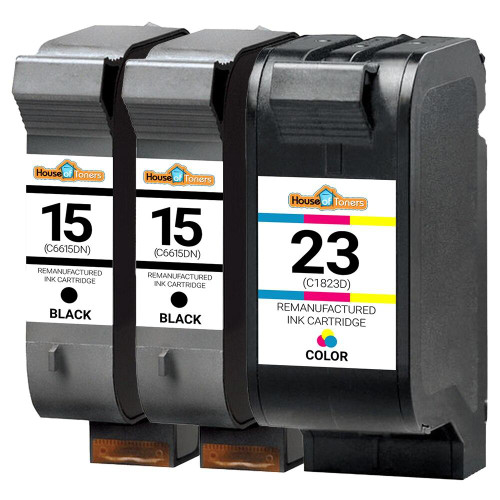 HouseOfToners Remanufactured Replacement for HP 15 and 23 C6615DN/C1823D Ink Cartridges 3PK - 2 Black, 1 Color