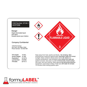 Sample custom label displaying large flammable liquid pictogram with three smaller pictograms.