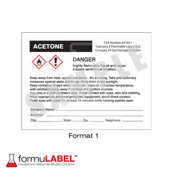 Sample custom label displaying Acetone chemical flammable warning.