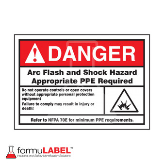 Arc Flash and Shock Hazard "Appropriate PPE Required" Sign with shock pictogram.