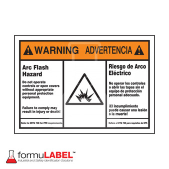 Bilingual sign identifies hazardous arcing faults that can occur while working on or near energized electrical equipment