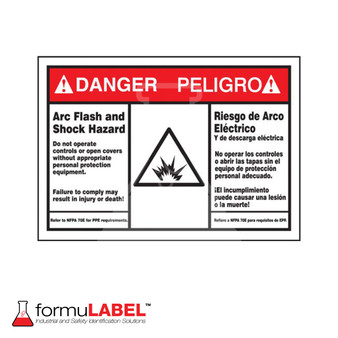 Bilingual danger arc flash and shock hazard label stating PPE is required.