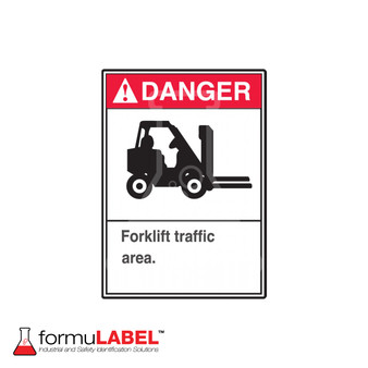 Safety sign informs workers to be careful around forklifts.