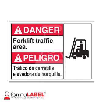 Bilingual ANSI Safety sign with the text of "Forklift traffic area" and "Trafico de carretilla elevadora de horquilla".