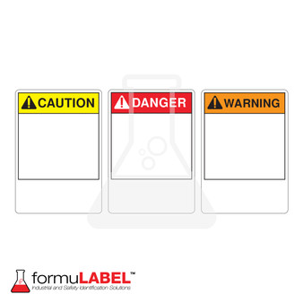 formuLABEL™ ANSI Header 3.5" x 5" Rolls (250 Labels) Caution, Danger, Warning in yellow, red and orange.