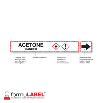 Custom Acetone Danger Pipe Marker with pictogram and right directional arrow.