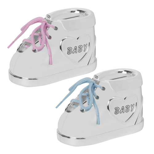 CG360 BAMBINO SILVERPLATED BABY BOOTEES MONEYBOX PINK & BLUE LACE