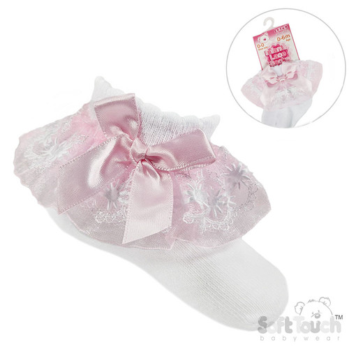 S115-WP SOFT TOUCH Organza Lace Socks w/Flower Trim & Bow - WHITE/PINK