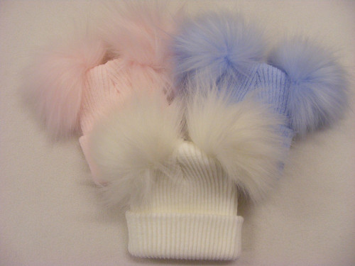 CT93 2ND SIZE SELF COLOUR RIBBED 2 FUR POM HATS
