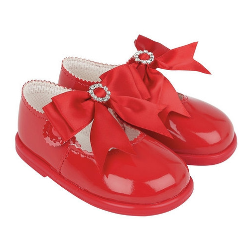 H035R EARLY DAYS DIAMANTE BOW HARD SOLED SHOE - RED