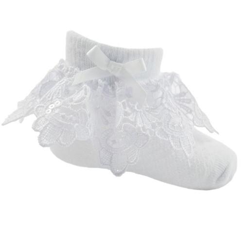 S336-W SOFT TOUCH SEQUIN DEEP LACE ANKLE SOCKS with BOW - WHITE