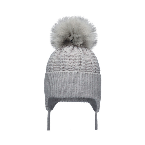 AZ10-G  KINDER BOUTIQUE GREY HAT WITH CHEVRON KNIT & FUR POM