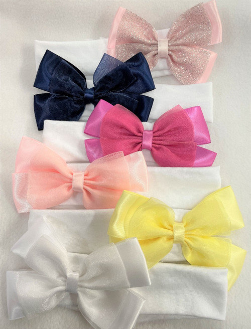 9986 KINDER LARGE ORGANZA SATIN BOW LYCRA HEADBAND - COLOURFUL ASSORTMENT