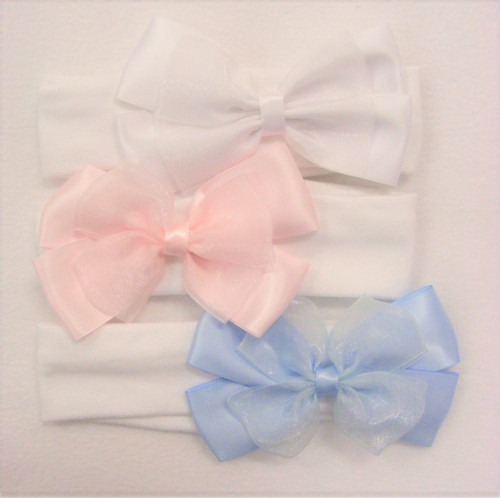 HB9986 KINDER LARGE SATIN & ORGANZA BOW COTTON/LYCRA HEADBAND - BLOCK COLOUR
