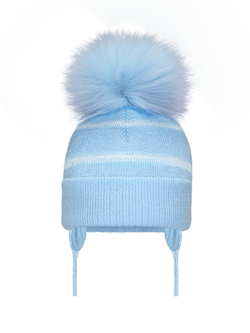AX99B  'KINDER BOUTIQUE' LARGE POM STRIPED TURNOVER HAT with TIES -- SKY/WHITE