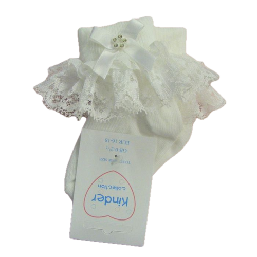 8559 KINDER EYELASH LACE DIAMANTE BOW SOCK - WHITE