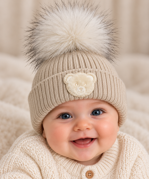 CT0677 TEDDY MOTIF FUR POM HAT - TAUPE/IVORY