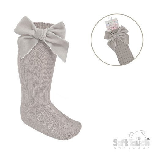 S360-BI SOFT TOUCH RIBBED KNEE LENGTH SOCKS with LARGE VELVET BOW - BISCUIT