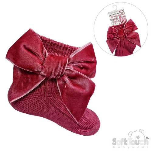 S126-P SOFT TOUCH RIBBED ANKLE SOCKS with LARGE VELVET BOW - DUSKY PINK